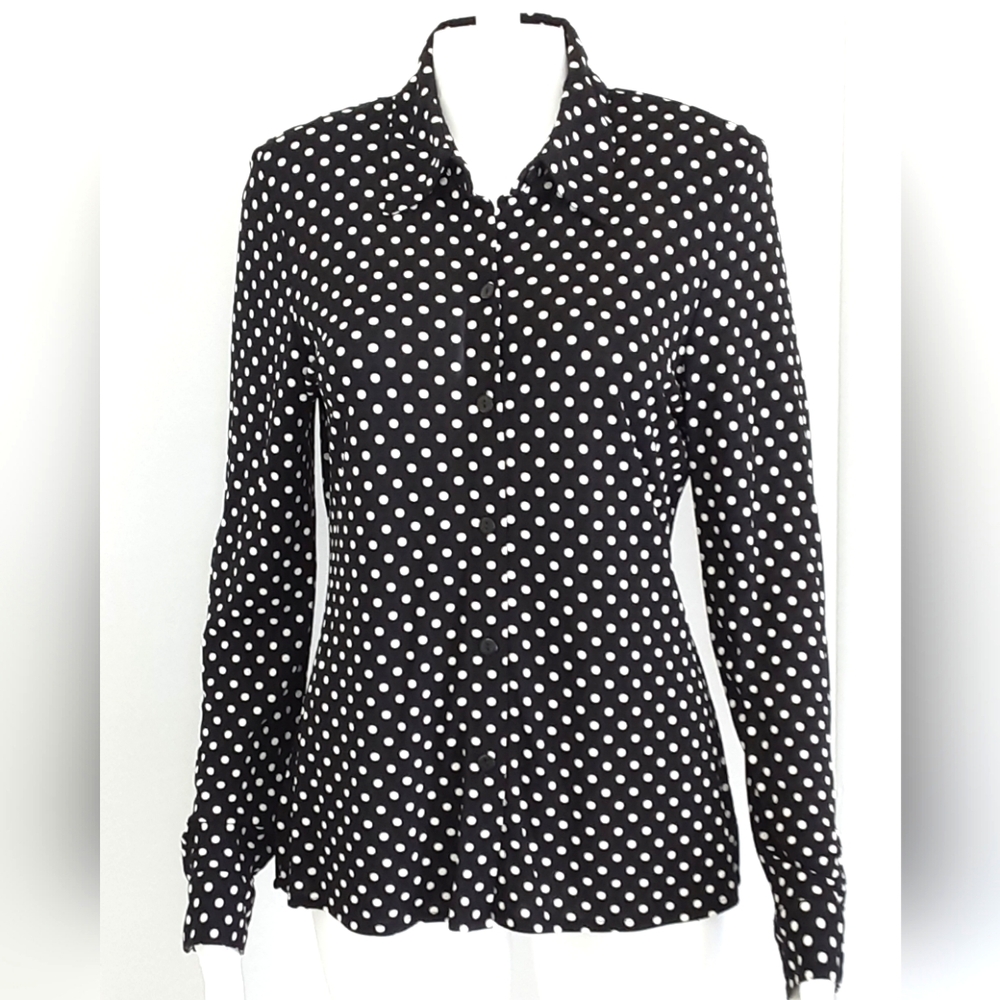Gianni Black | White Polka Dot Button Down Shoulder Padded Shirt Sz 10 - Vtg